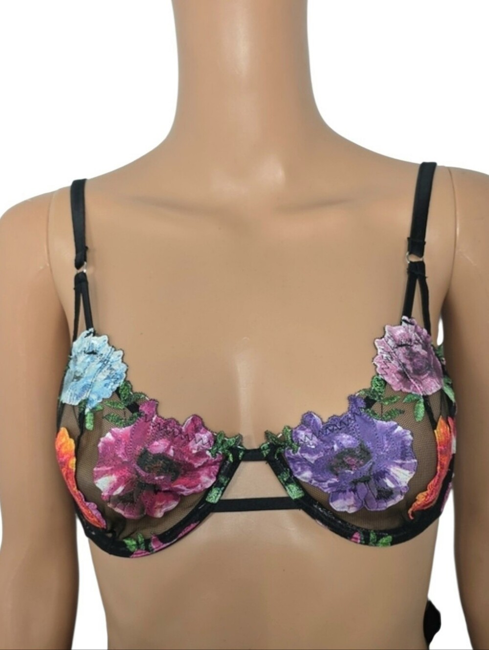 Fleur du Mal Black Sheer Balconette Bra with Multicolor Floral Embroidery Sz 36C